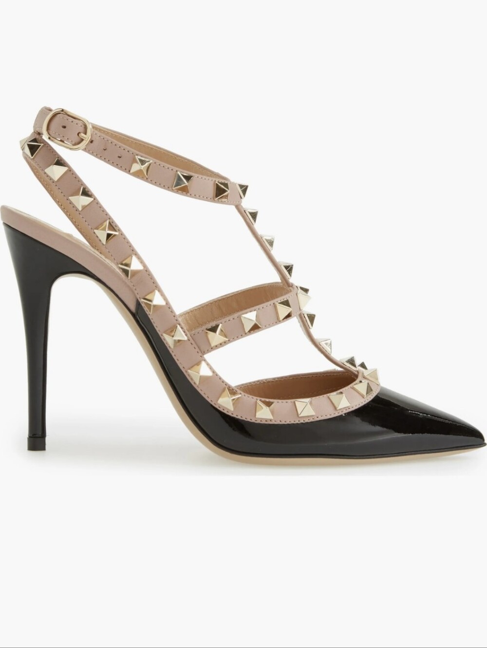 Valentino Garavani Rockstud T-Strap Pointed Toe Pump In Black Blush Patent